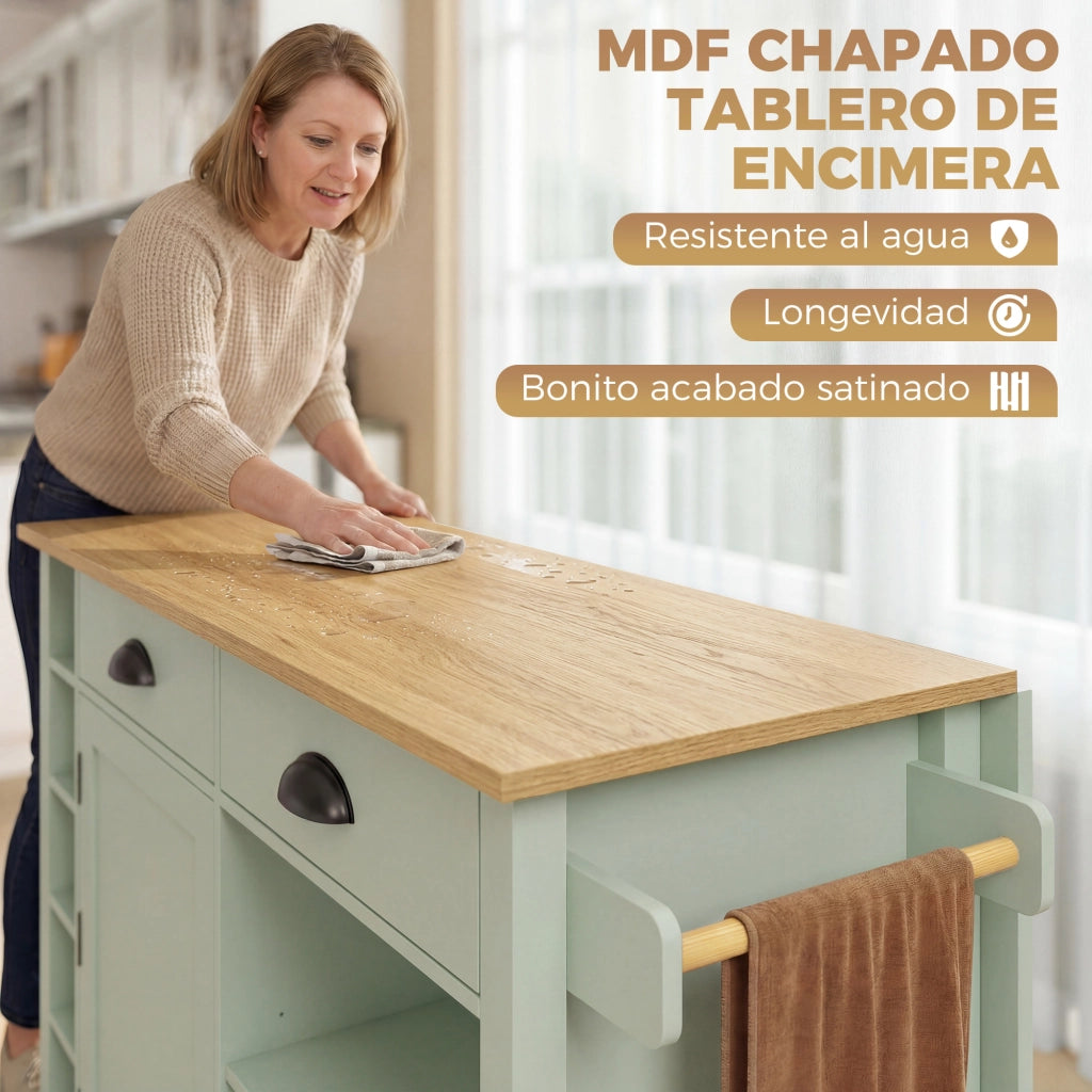 Armadio da Cucina con Ruote, Anta con Ripiani e 2 Cassetti ¨C Zephmum ¨C 117.5x70x91 cm Verde Chiaro