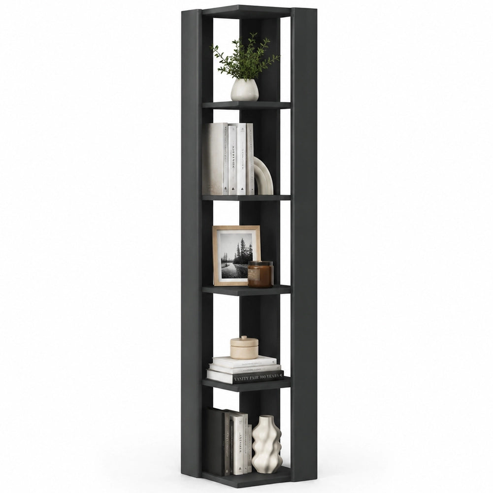 Libreria Angolare 5 Ripiani in Legno Antracite Scaffale Salvaspazio 34x34x161cm