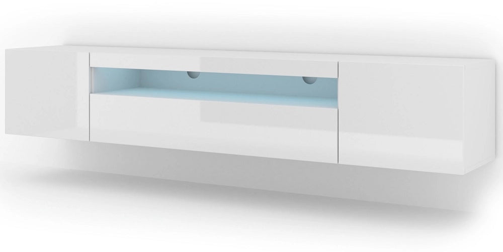 Mobile TV Aura 200x37x42H Cm Led incluso mobile sospeso o a terra con piedi Corpo: bianco opaco, frontali: bianco lucido