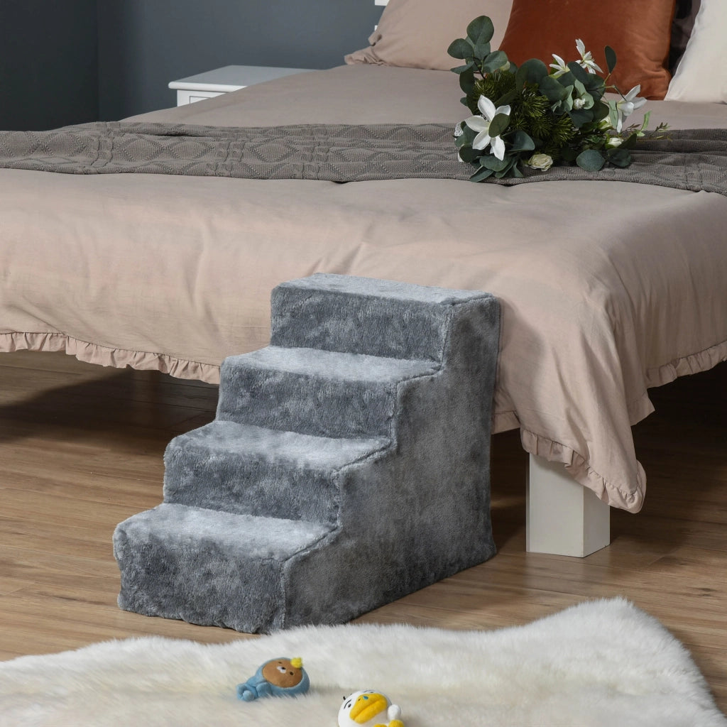 Scaletta per Cani Portatile a 4 Gradini, in Tessuto Vellutato Sfoderabile e Truciolato, 60x35x44 cm, Grigio