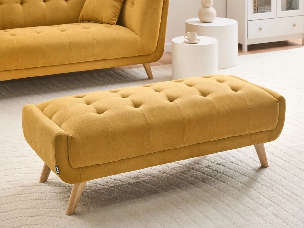 Pouf rettangolare in tessuto color senape, stile retrò, per soggiorno, con gambe in legno