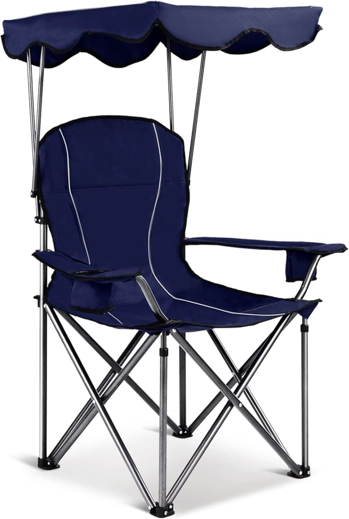 Sedia da campeggio con baldacchino, ombra, sedia da spiaggia e beach chair, pieghevole, con portabevande e borsa, per esterni, fino a 130 kg (blu)