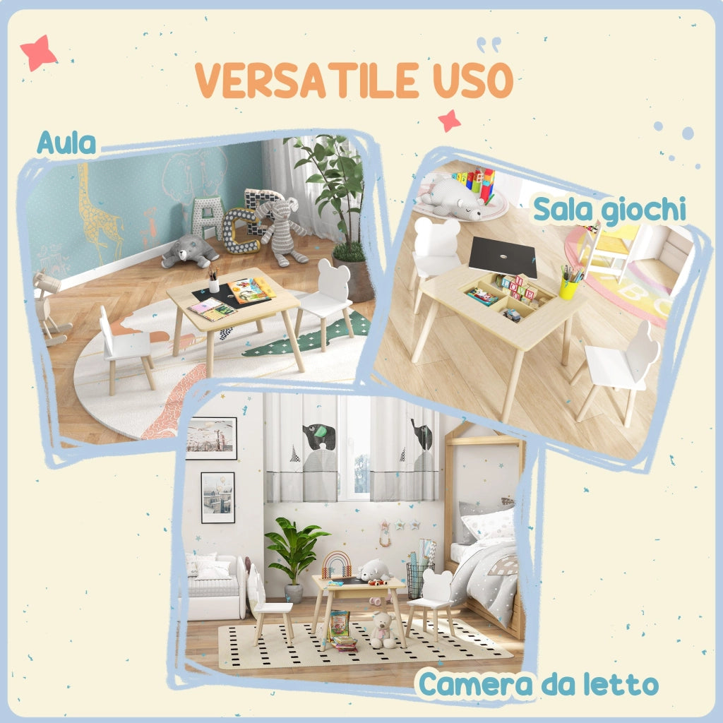 Set Tavolino Multifunzione e 2 Sedie per Bambini Orsetto Colore Legno