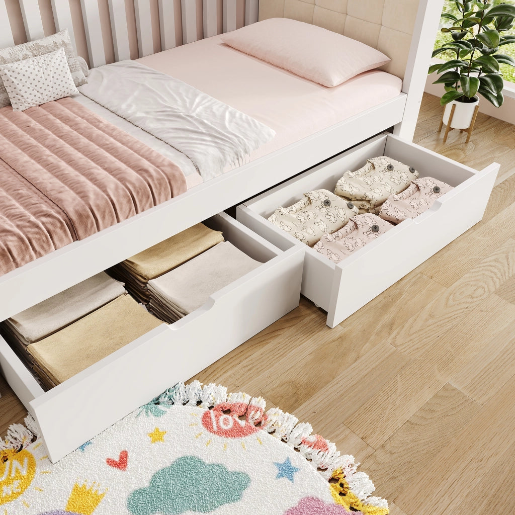 Letto divano 90 × 200 cm con 2 cassetti, schienale a tre lati, senza materasso, in legno massello, bianco