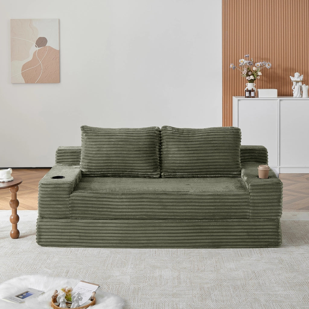 Divano letto 2 in 1 con portabevande in velluto a coste verde