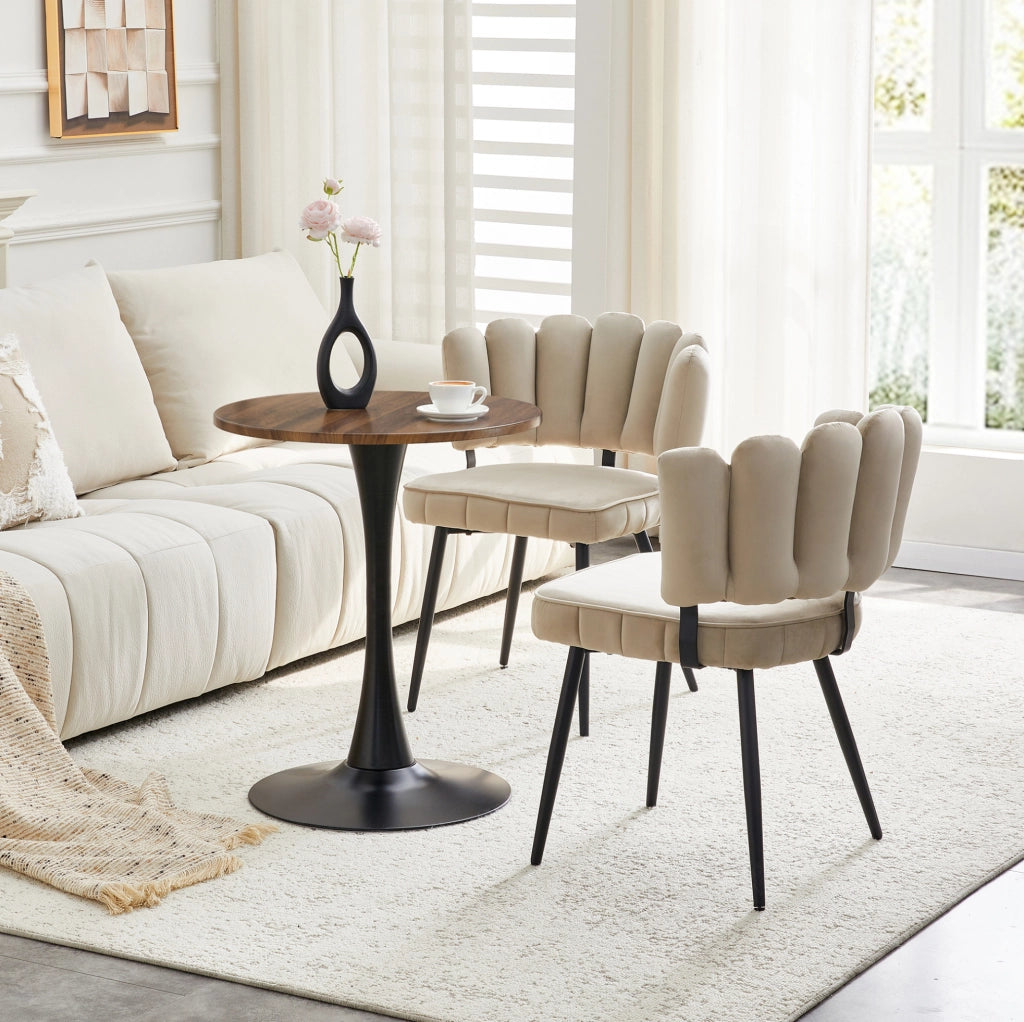 Set tavolo e 2 sedie 60 cm noce e nero; MDF e velluto - schienale a petalo