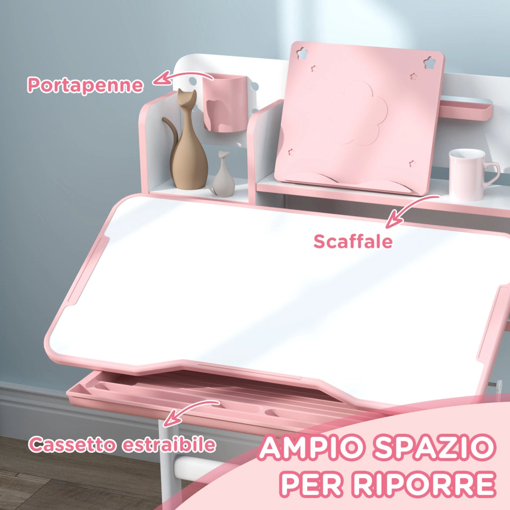 Scrivania Bambini Regolabile con Sedia, Cassetto e Scaffale ¨C Zephmum ¨C Rosa 90x50x75