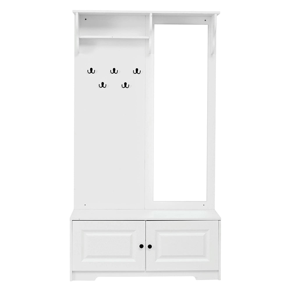 Appendiabiti con specchio 100x40x180 cm - Xylo - 5 ganci, 2 ante, ripiano scarpe, bianco