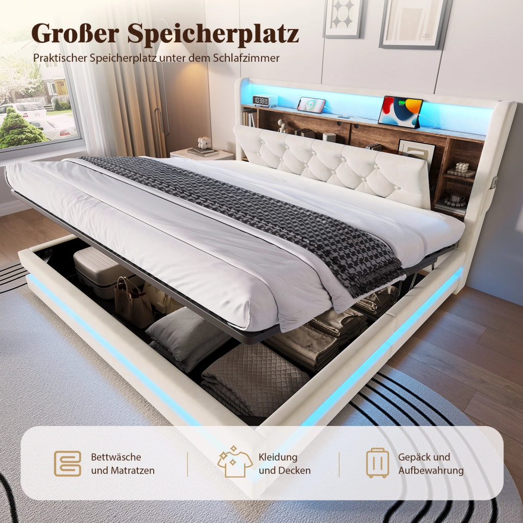 Letto contenitore 160 × 200 cm con testiera multifunzione, LED, USB e Type-C, senza materasso, beige