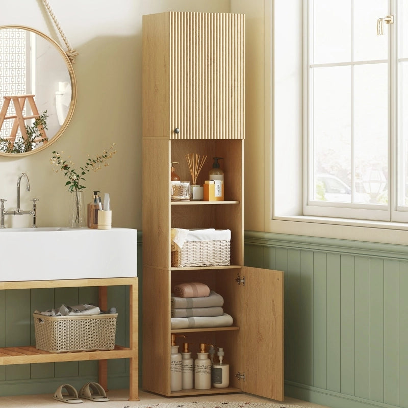 Mobile bagno alto stretto 40x31x182 cm, 2 vani chiusi, ripiani aperti, colore quercia