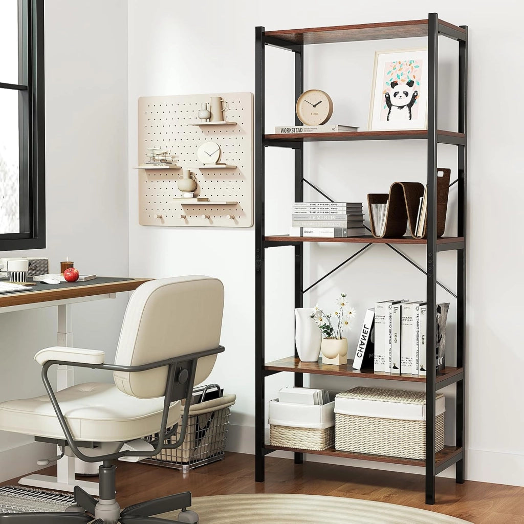 Scaffale multifunzionale a 5 livelli, 66 x 34 x 161 cm, libreria in legno e metallo con kit antiribaltamento, stile industriale, libreria per soggiorno, studio