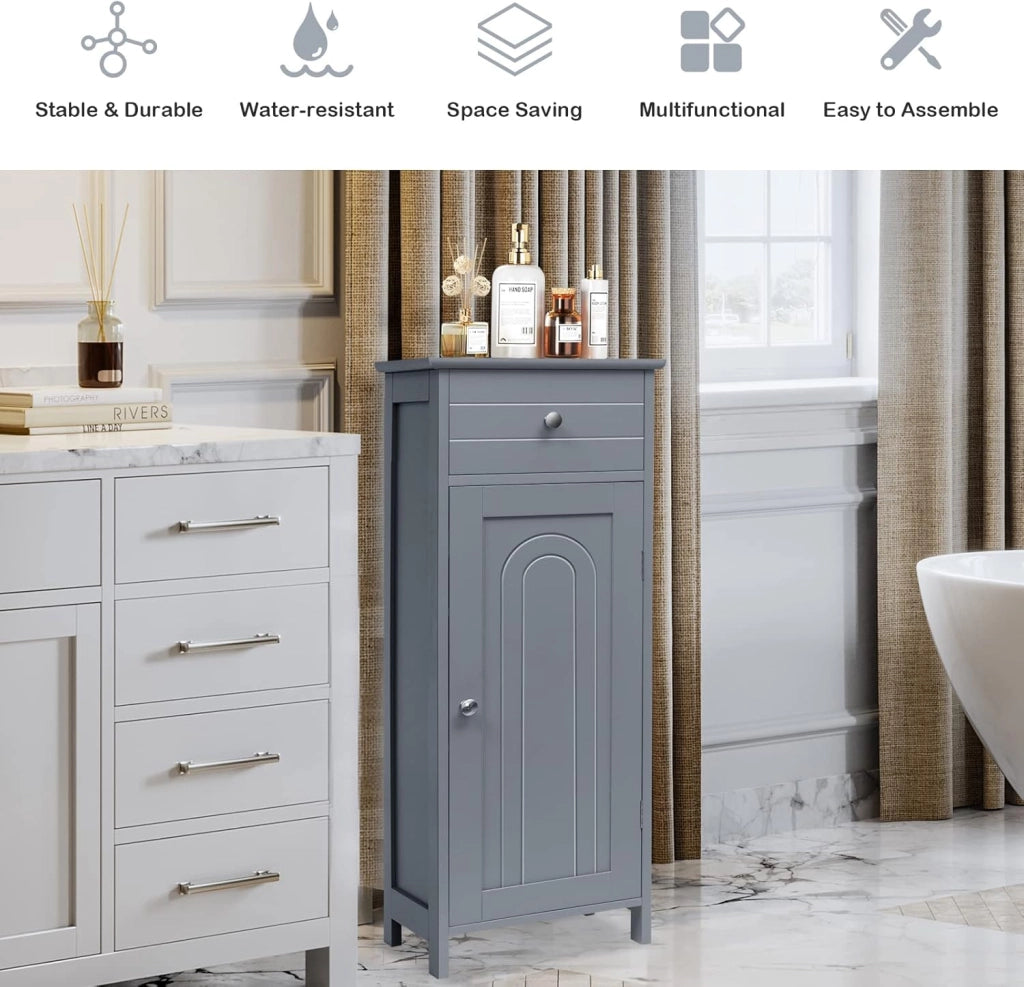 Armadietto Bagno da Terra, Mobiletto a 3 Ripiani con Anta, Cassetto, Manico, Spazio Interno Flessibile, Compatto e Salvaspazio, 35,5x30,5x88 cm, Bianco/Marrone/Grigio/Nero