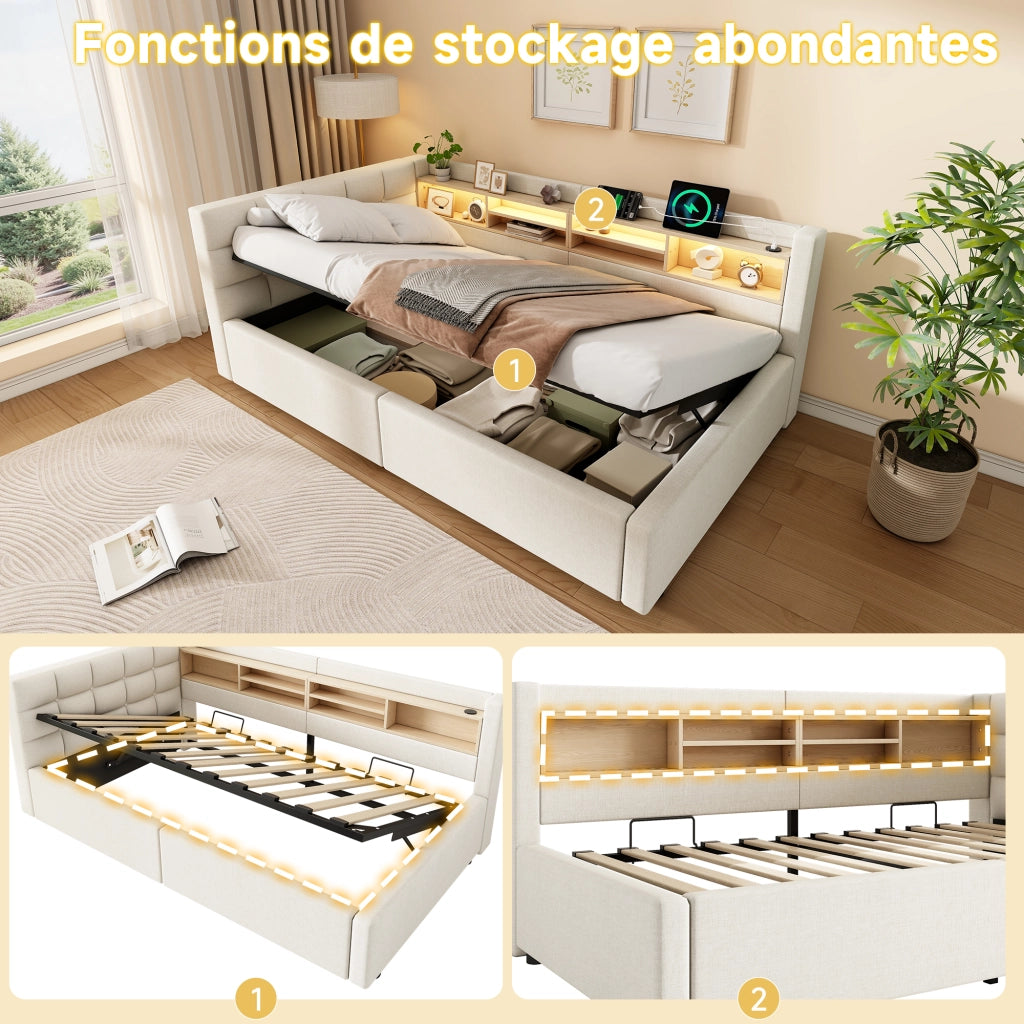 Letto contenitore 90x200 cm con LED dimmerabile; testiera con ripiano e prese USB; rivestimento in lino; beige