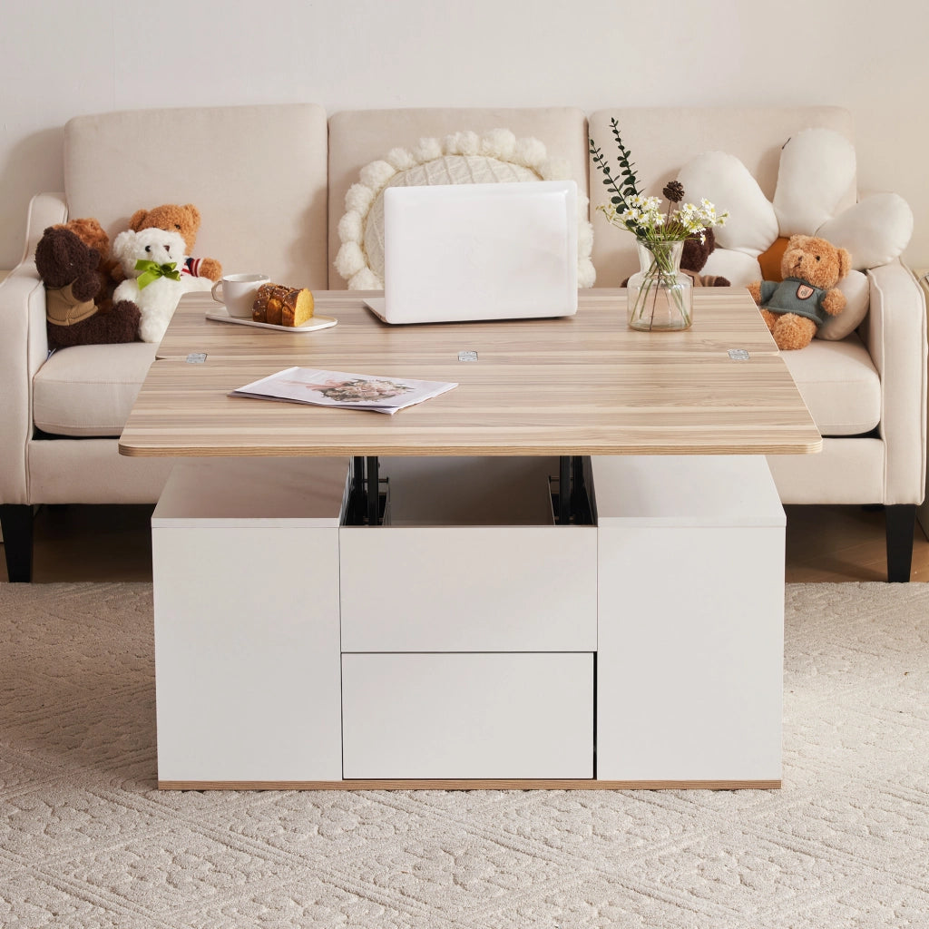 Tavolino basso sollevabile con 2 cassetti, 1 anta e vani aperti, per soggiorno, bianco e legno, 100 × 51 × 47 cm