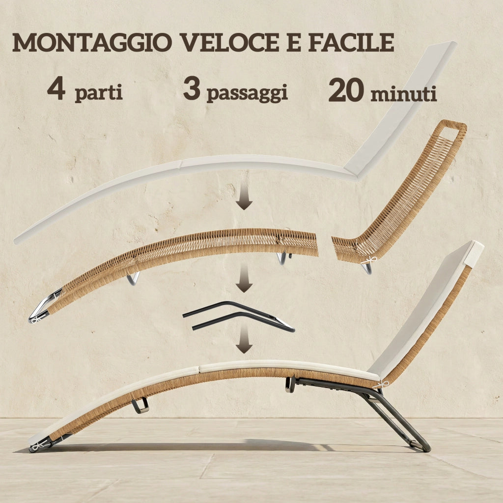 Lettino Sdraio a S da Esterno con Cuscino, in Rattan PE e Acciaio, 175x57x80 cm, Crema