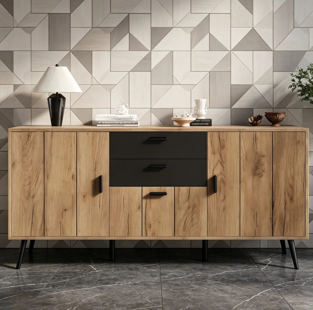 Credenza Sideboard con 2 Cassetti, 3 Ante e Piano Ampio, 140 x 35 x 67 cm
