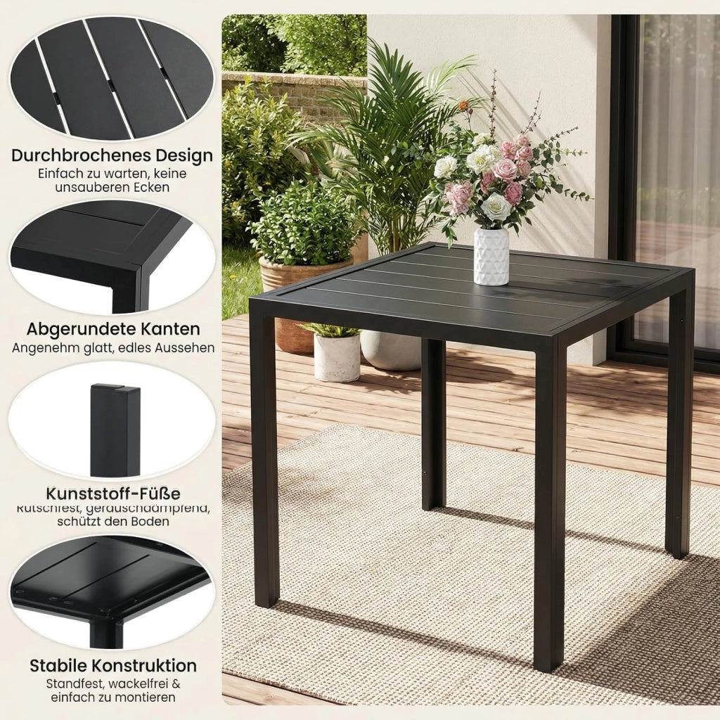 Tavolo da giardino in Alluminio, 75x75 cm Quadrato Tavolo da Esterno in Metallo per Balcone Terrazze, Inossidabile, Resistente Alle Intemperie, Facile da montare, Nero, Ampio Pannello 11 cm