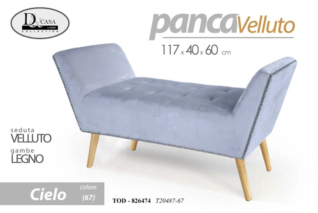 Panca in velluto cielo gambe in legno  scendiletto