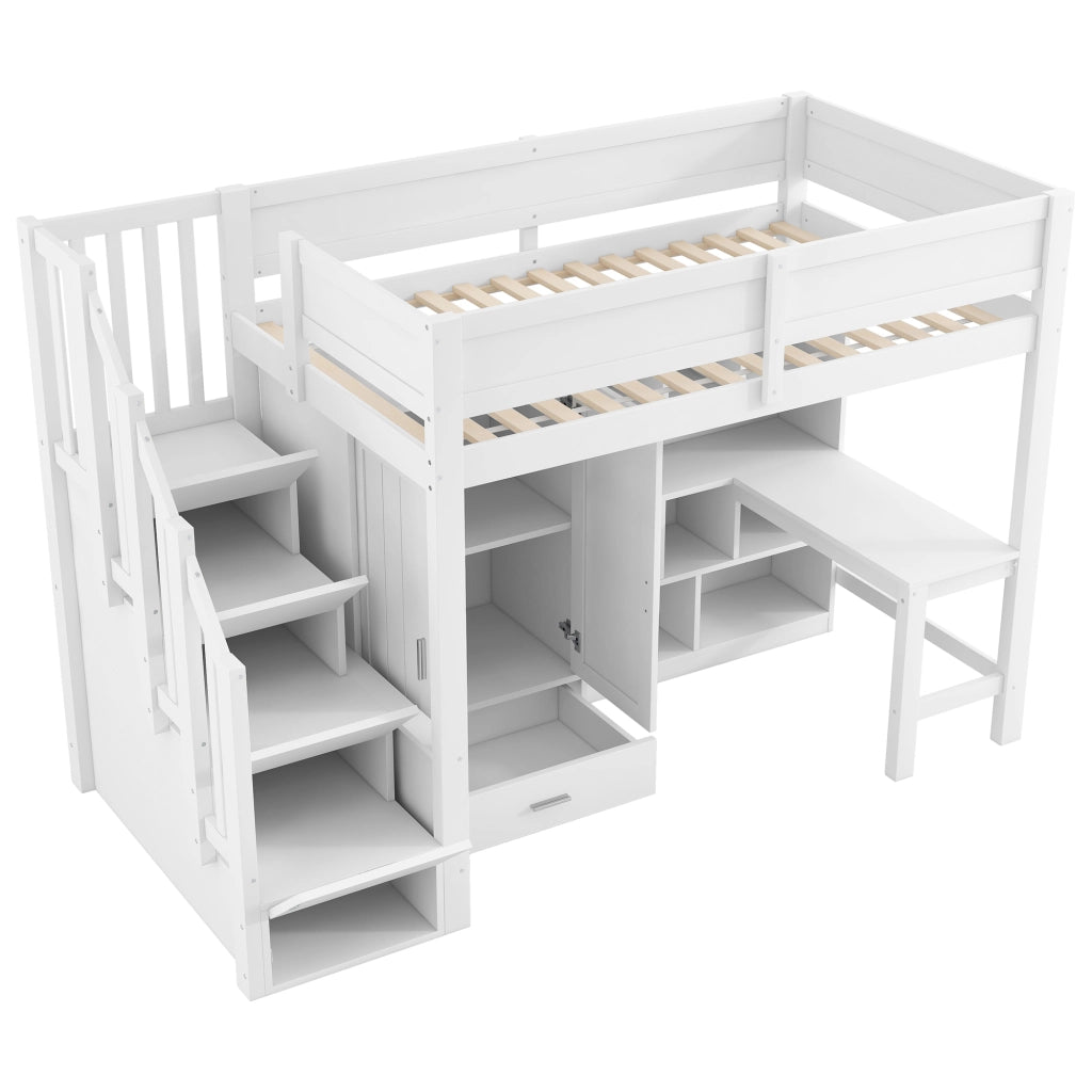 Letto a castello bianco con scrivania regolabile funzione LED e stoccaggi 90x200cm