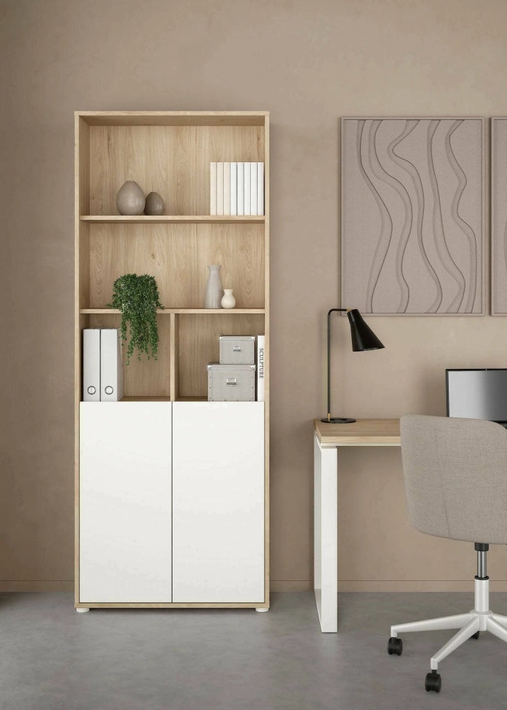Libreria Arancio, Scaffale da ufficio, Mobile portalibri, Biblioteca, 80x34 h205 cm, Rovere e Bianco