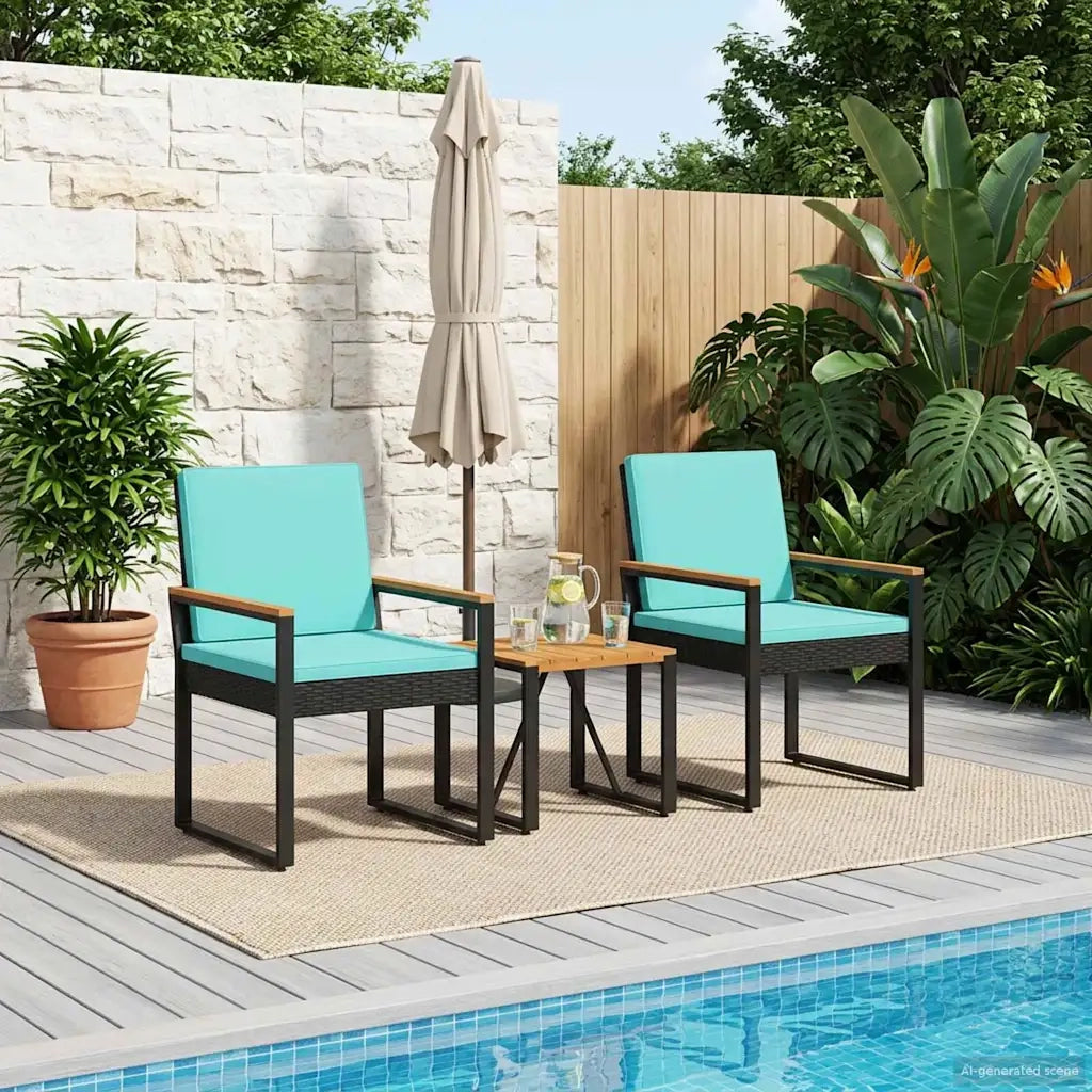 Set Mobili da Esterno 3 pz | Set Salotto da Giardino Nero e Turchese polyrattan