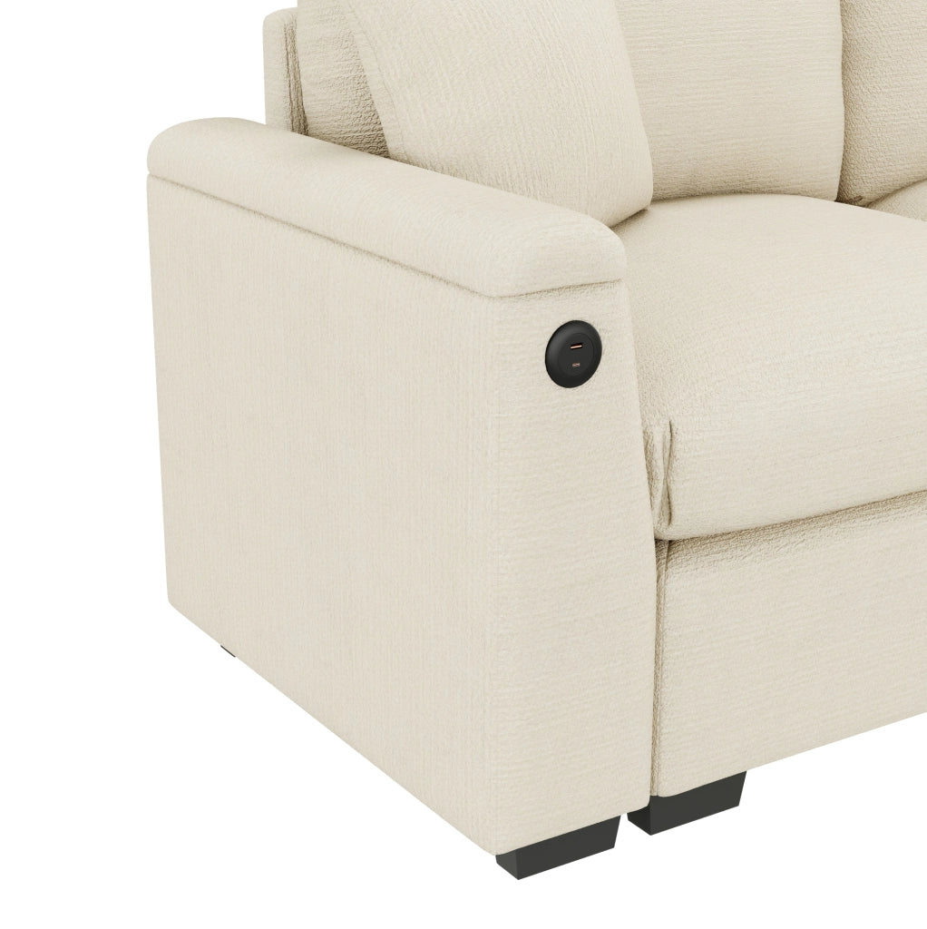 Divano 3 posti 242x80x88 cm con tavolino ribaltabile; USB; porta bicchieri e spazio contenitore in chenille beige
