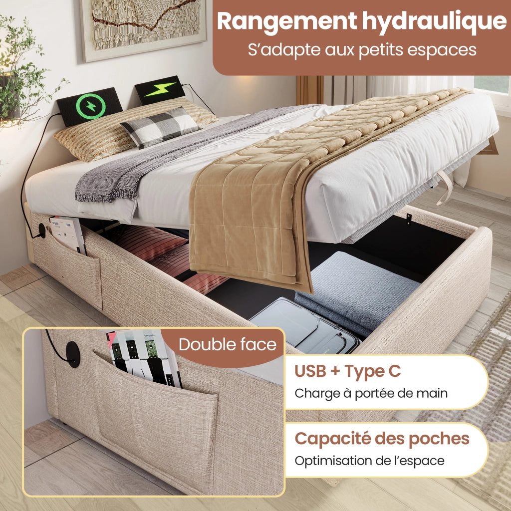 OKWISH Letto contenitore 90×190 cm, Letto Singolo con USB, Type C e contenitore con pistoni, senza Materasso, in Lino, Naturale