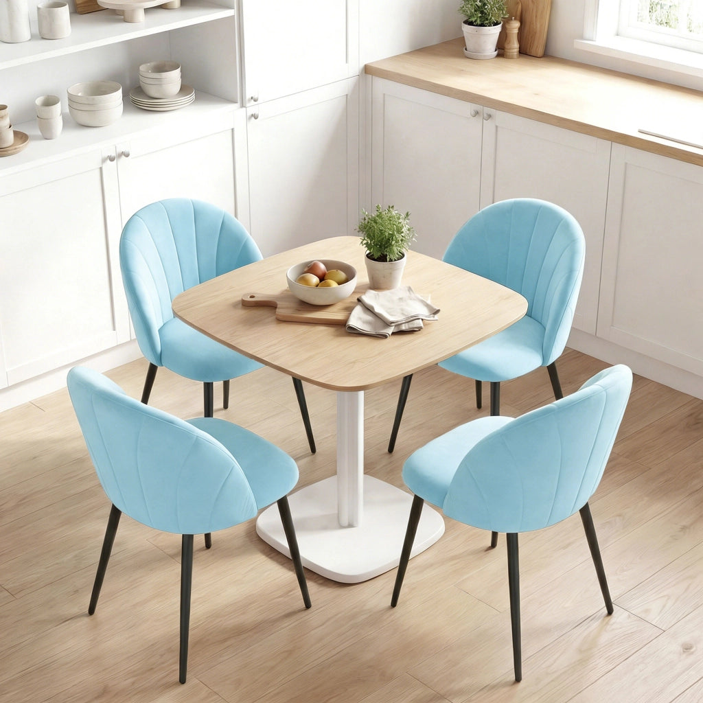 Set 2 Sedie da Pranzo Imbottite 52x55x79 cm con Schienale a Conchiglia in Velluto Azzurro