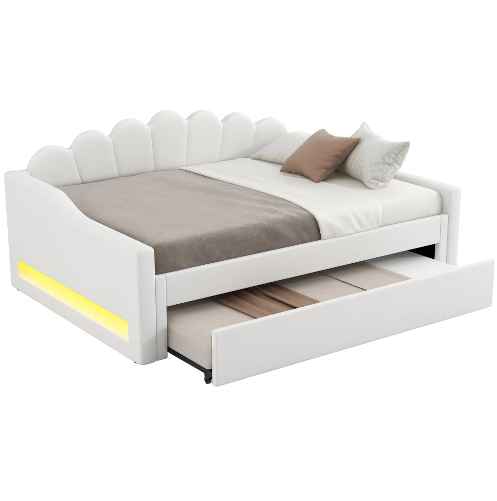 Divano letto imbottito 140x200 cm con LED e letto estraibile; beige