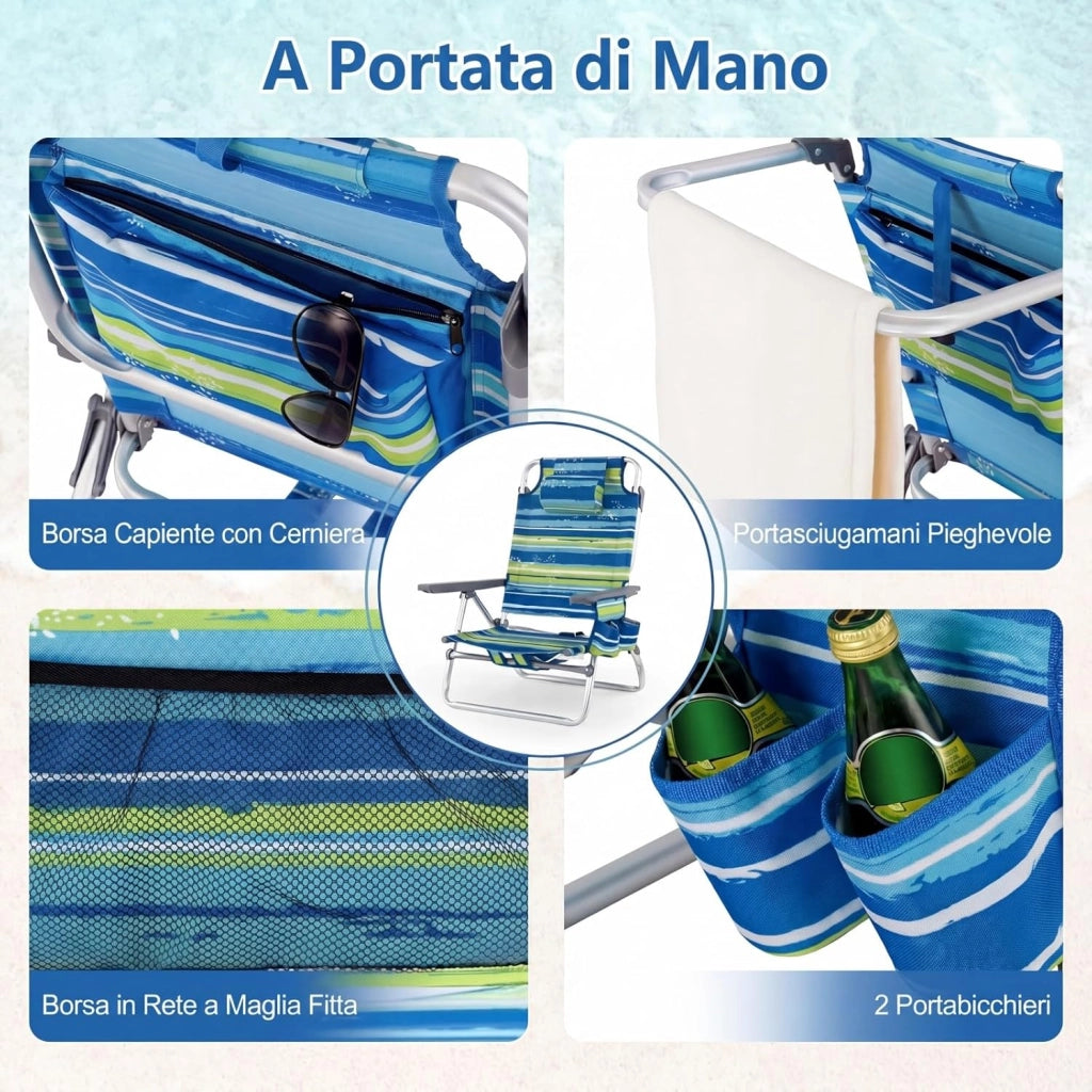 Set di 2 Sedie e Tavolino da Spiaggia Pieghevole, Schienale Regolabile a 5 Livelli, con Portatesta, Borsa Portaoggetti, Borsa Termica, per Campeggio Picnic Esterno (Blu+Verde, Modello 2)