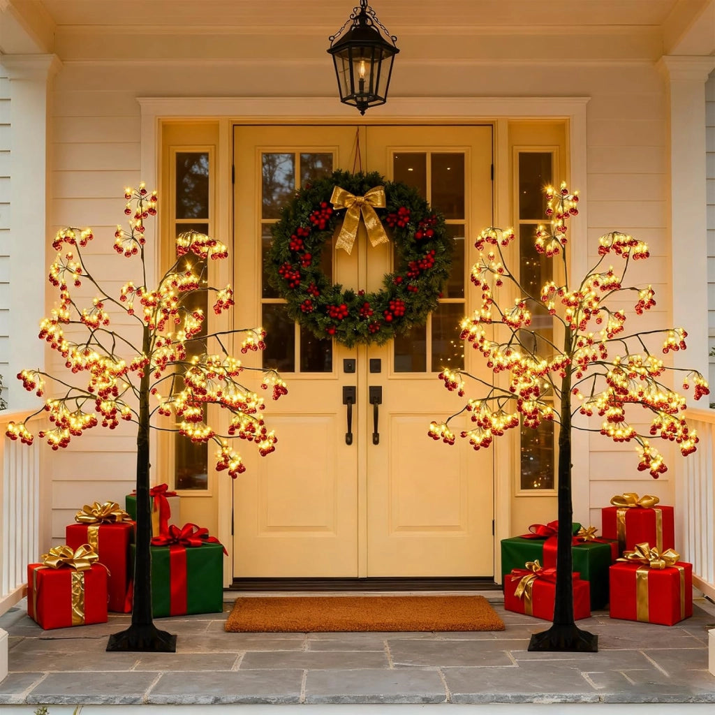Albero di Natale Decorativo 150 cm, Albero Artificiale con Rami Pieghevoli, 384 Palline Rosse, 480 Luci LED e Picchetti di Ancoraggio, Albero di Natale Illuminato per Uso Interno ed Esterno