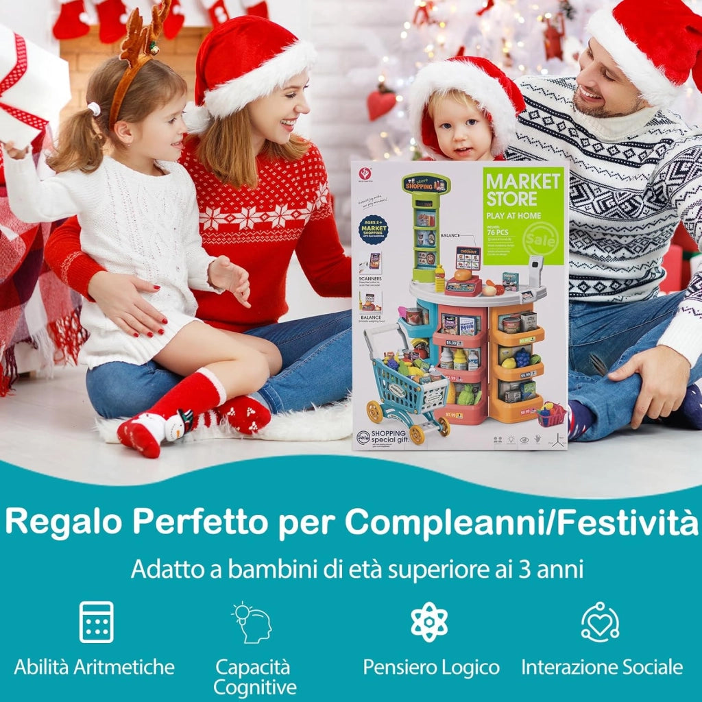 Cassa Gioco Supermercato per Bambini, Supermercato Giocattolo con Carrello della Spesa, Registratore di Cassa, Scanner, Luci e Suoni, Gioco di Ruolo con 29 Accessori (Blu)