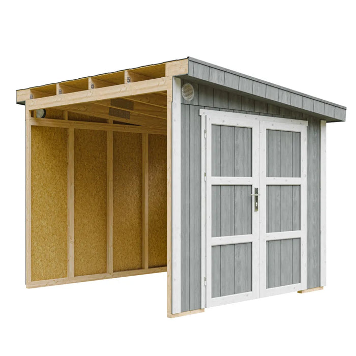 Casetta da giardino di qualità PREMIUM 5,9 mq - H231x248x294 cm - Senza pavimento e parete laterale - Timbela M938B-CAVERN STEEL