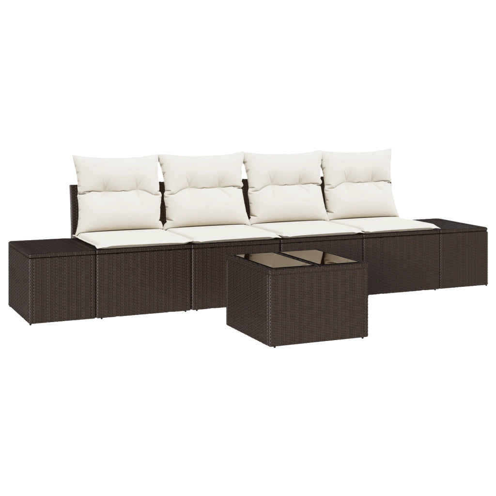 Set Divano Giardino 5 Pezzi con Cuscini Marrone Polyrattan