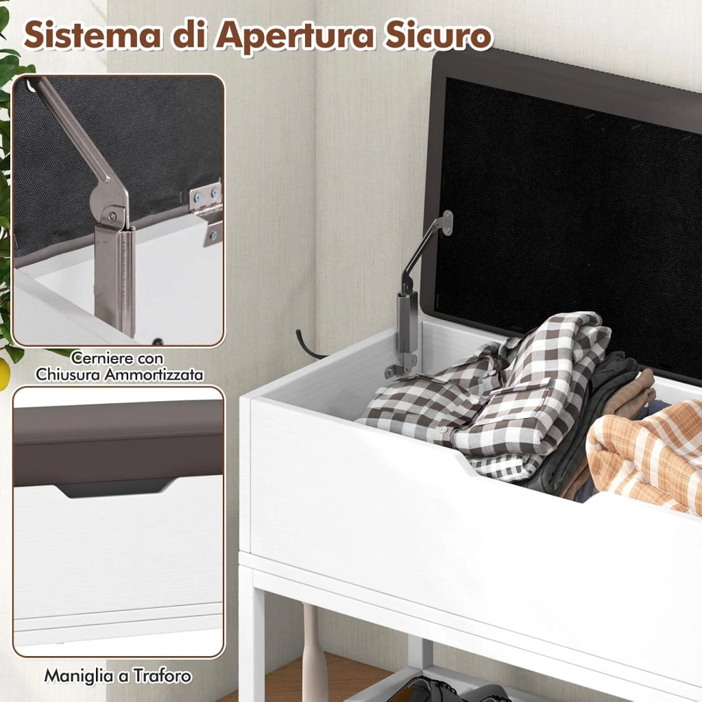 Panchina da Ingresso, Panca Porta Scarpe con Vano a Ribalta e 2 Armadietti, con Seduta Scarpiera Laterale e Calzascarpe Estraibile, per Corridoio Soggiorno