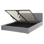 Letto contenitore Rivestimento in tessuto grigio chiaro 160 x 200 cm con testiera a doghe