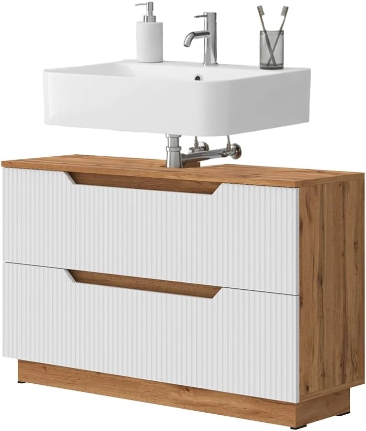 Mobile sottolavabo per bagno Lotta, Rovere/bianco a strisce, 99.4 x 62.5 cm con 2 cassetti