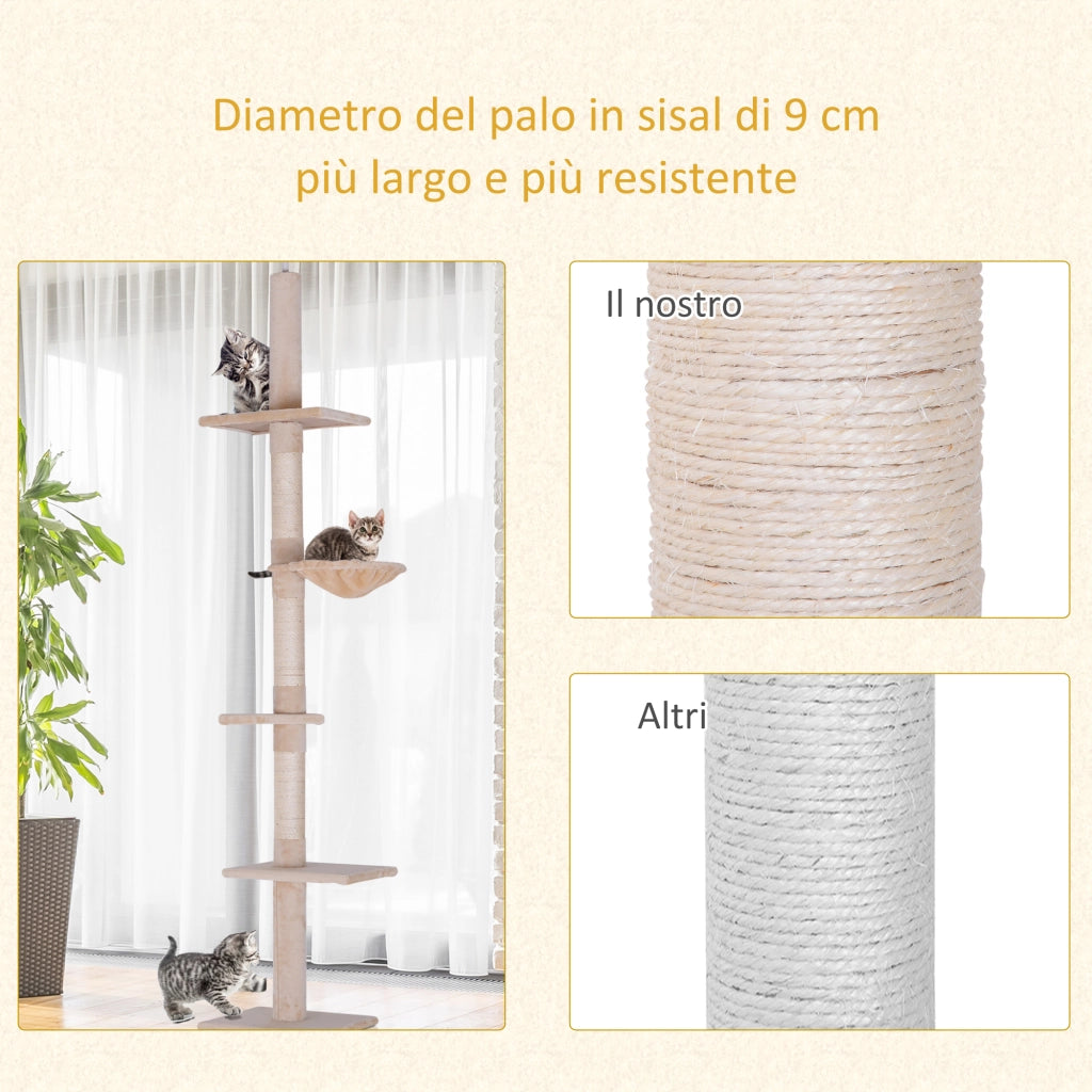 Albero Tiragraffi a Soffitto con Amaca e Altezza Regolabile ¨C zephmum ¨C 40x34x230-260cm Beige
