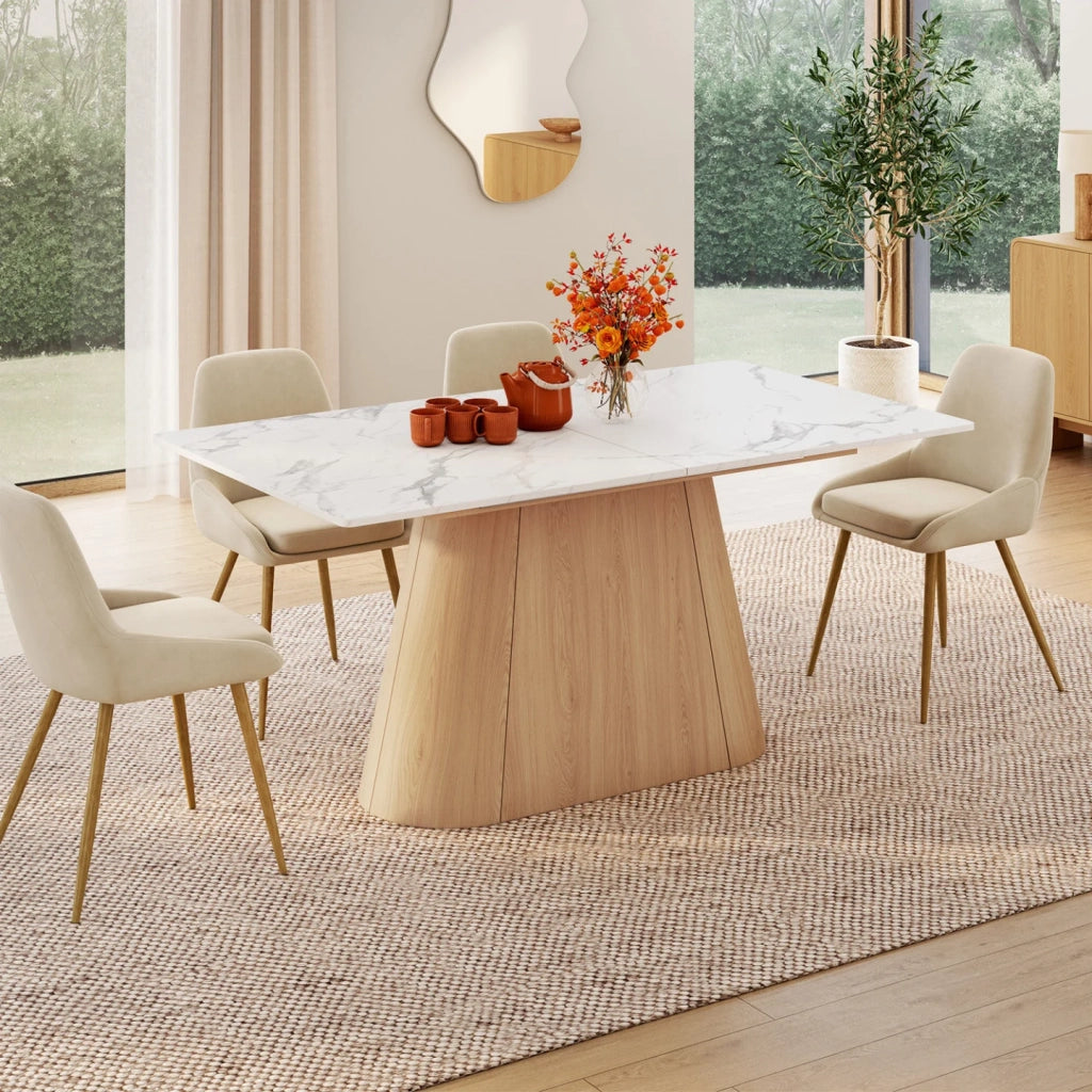IDMarket - RHONDA tavolo da pranzo rettangolare allungabile 6-10 persone ALASKA piano in marmo bianco e finitura in faggio 160-200 cm