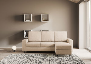 Divano 3 Posti con Pouf 208x155x85 cm Sakar in Tessuto Beige