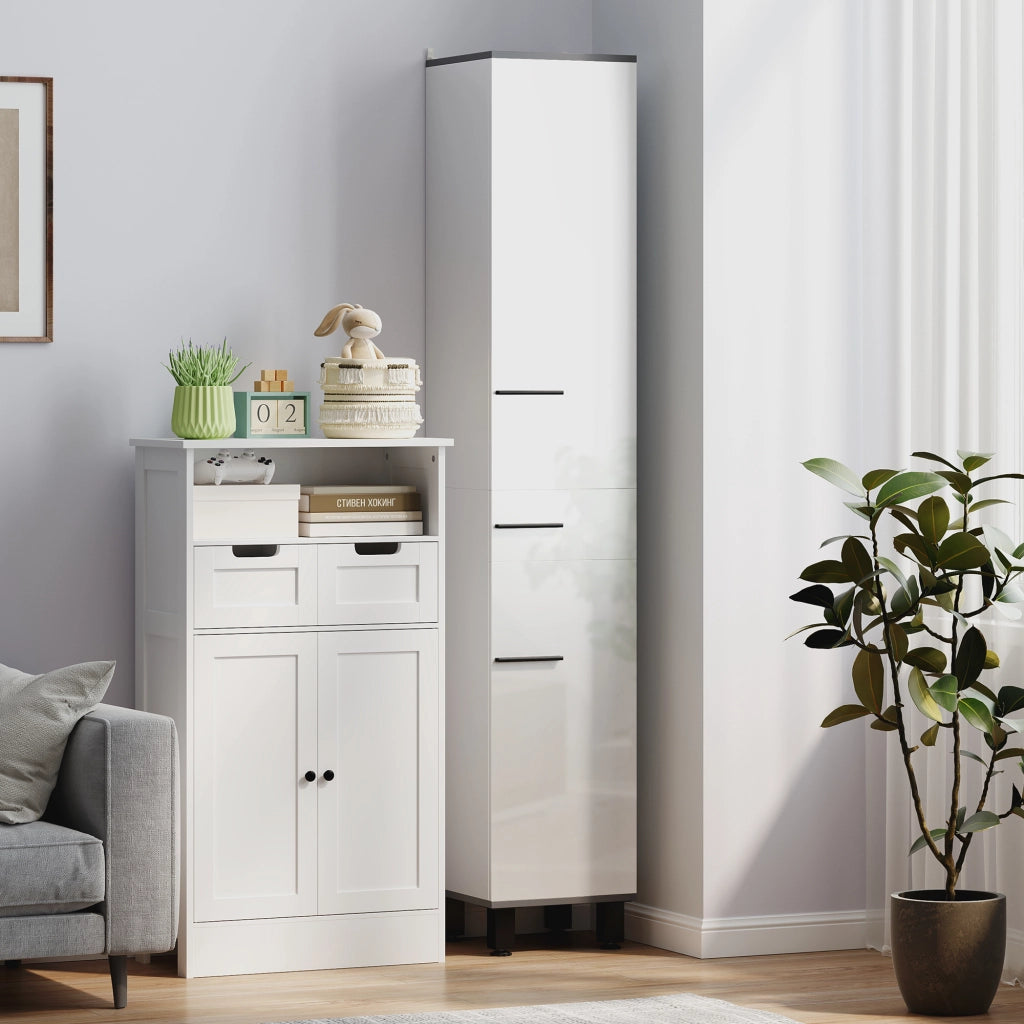 Mobile Colonna Bagno con 2 Armadietti con Ripiani Regolabili e Cassetto, 34x32x190 cm, Bianco
