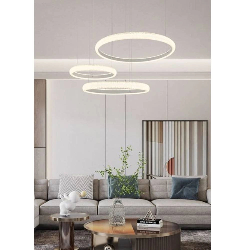 Trade Shop - Lampadario Led 60w A Sospensione 3 Anelli Cristalli Luce 3000k 6500k 4000k Lp-39b -
