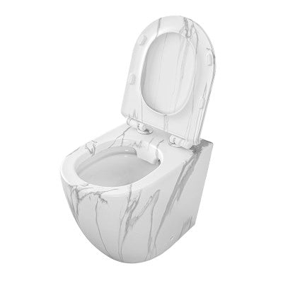 WC filomuro Rimless in ceramica marmorizzata bianca con sedile Tokyo