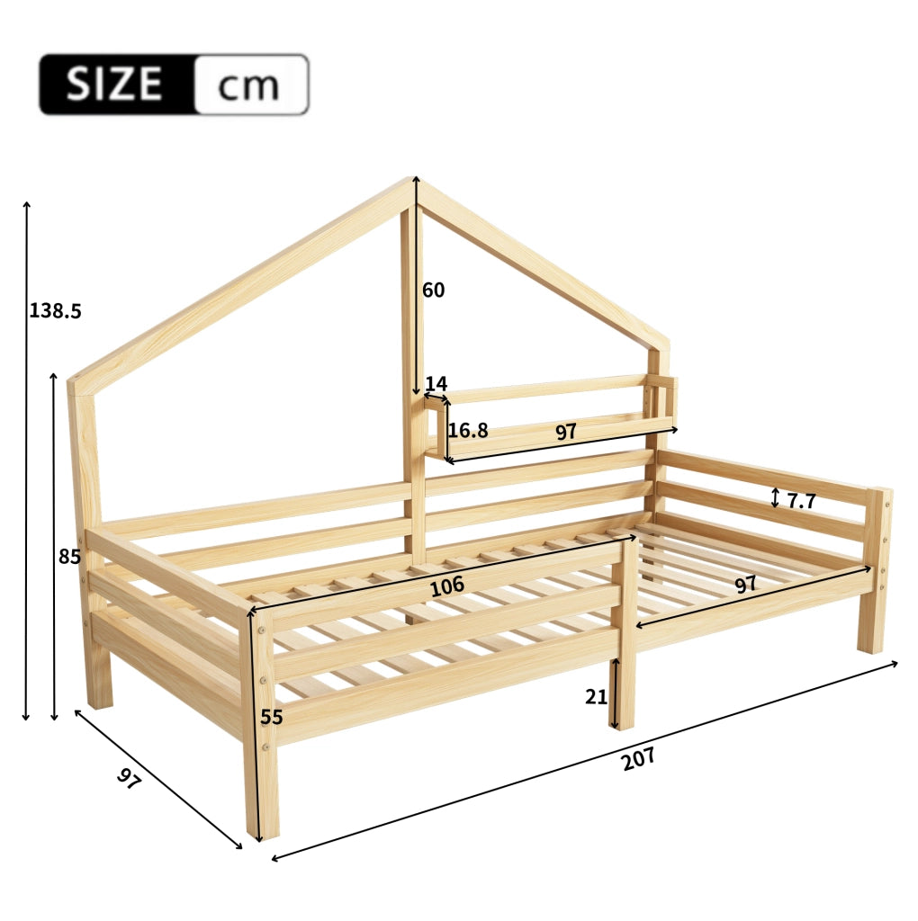 Letto a casetta per bambini con libreria integrata 90x200 cm in pino naturale