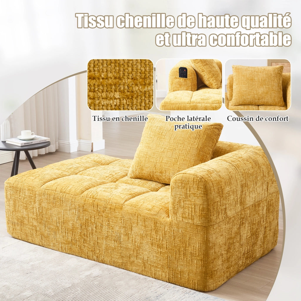 Chaise Longue 1 Posto con Cuscino e Tasche Laterali; Seduta Morbida e Rimbalzo Rapido in Ciniglia Giallo