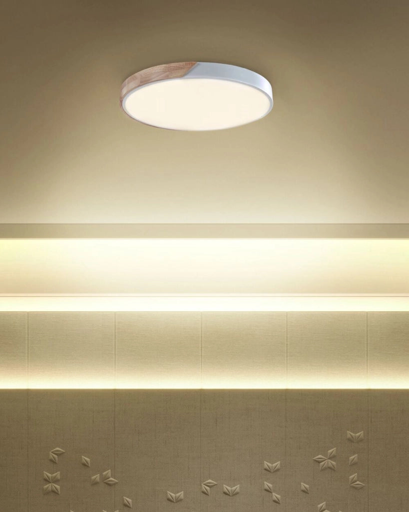 Lampada da soffitto bianca con luci a LED integrate in legno chiaro in acciaio acrilico di forma rotonda Illuminazione moderna decorativa