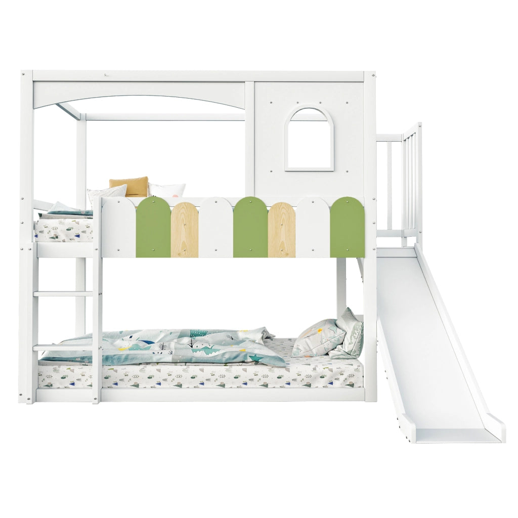 Letto a Castello Letto Singolo 90x200 cm con Rampa; Scala; Finestre; in Legno; Bianco