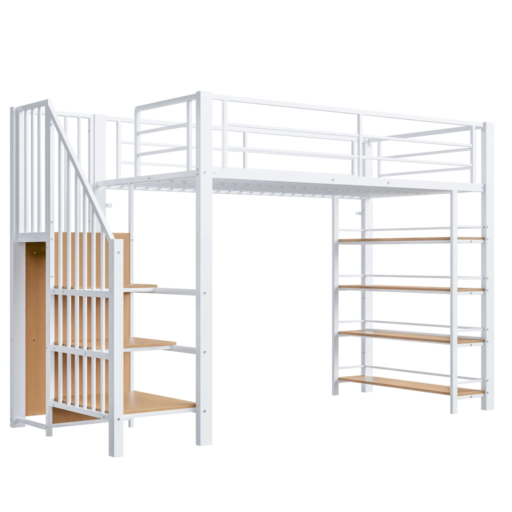 Letto a castello bianco in metallo con scala di sicurezza scomparti e piccolo armadio 90x200 cm