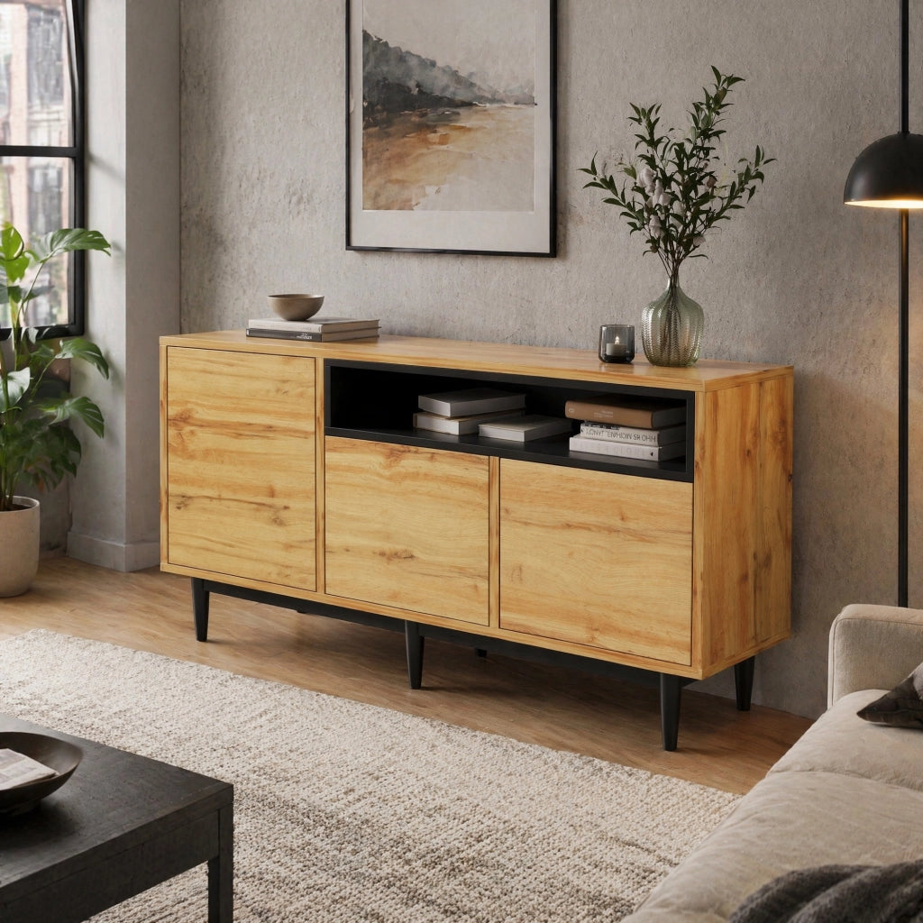Credenza moderna con tre ante e ripiani in MDF per soggiorno e sala da pranzo 160 × 35 × 76 cm