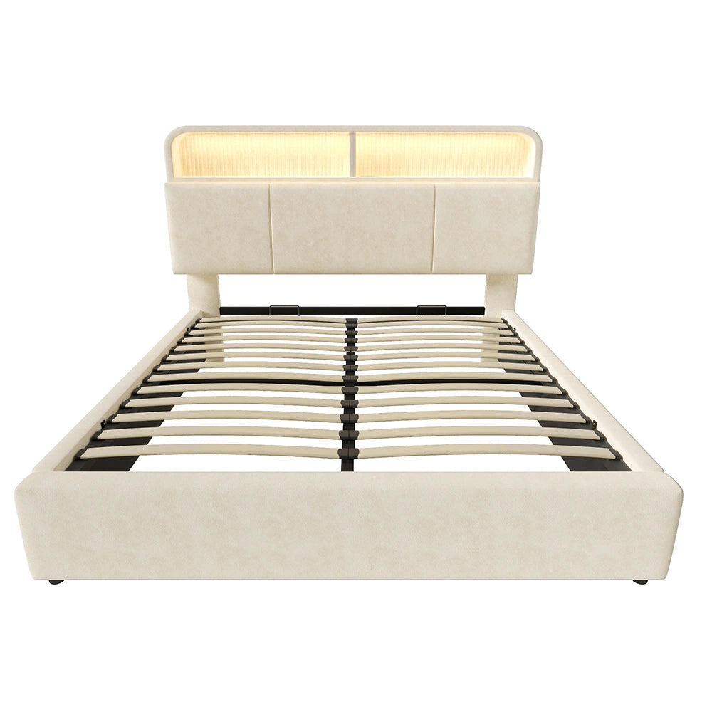 Letto 160x200cm?- Xylo - idraulico LED USB velluto beige